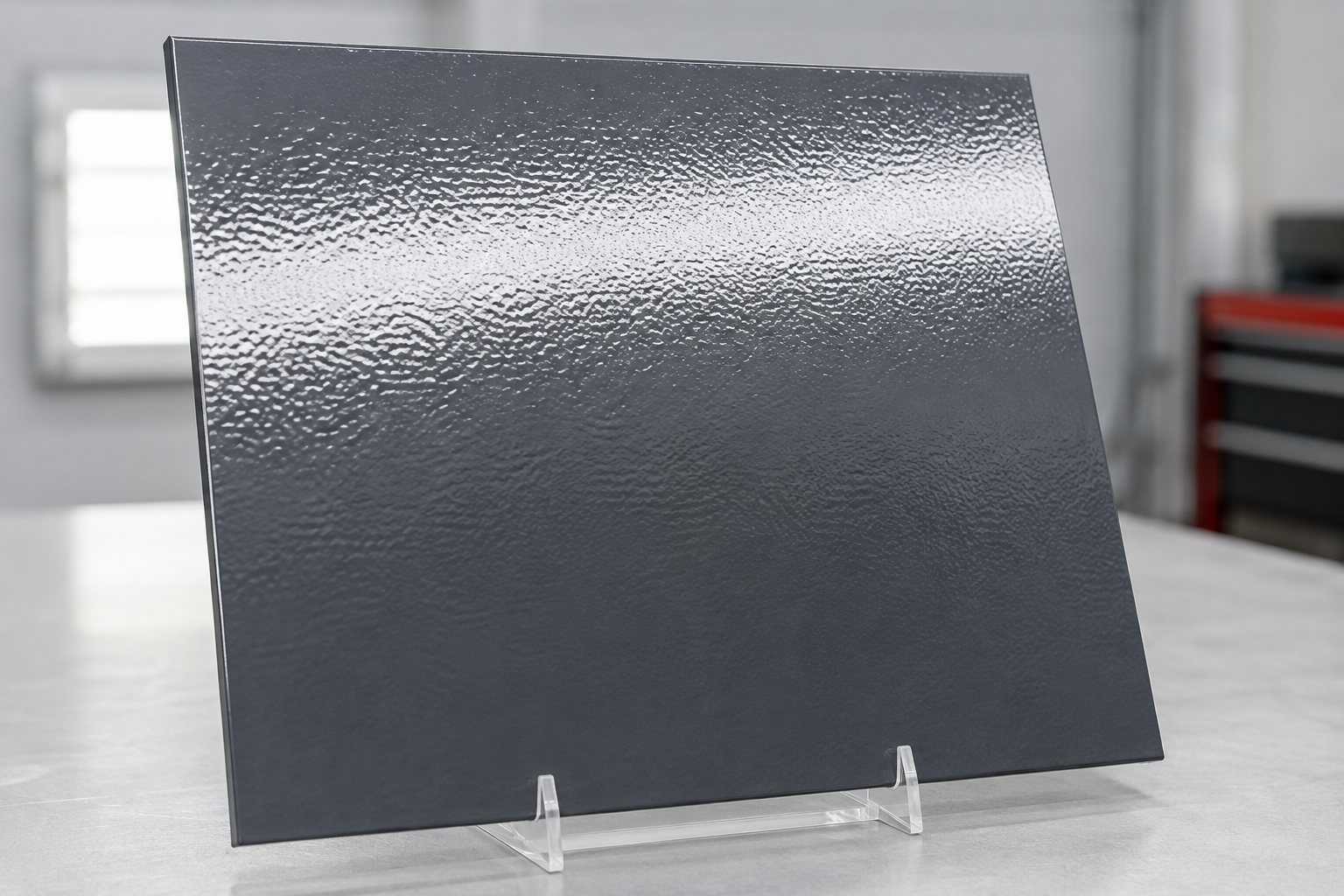Glossy charcoal coating showing a pronounced orange peel paint defect under raking inspection light
