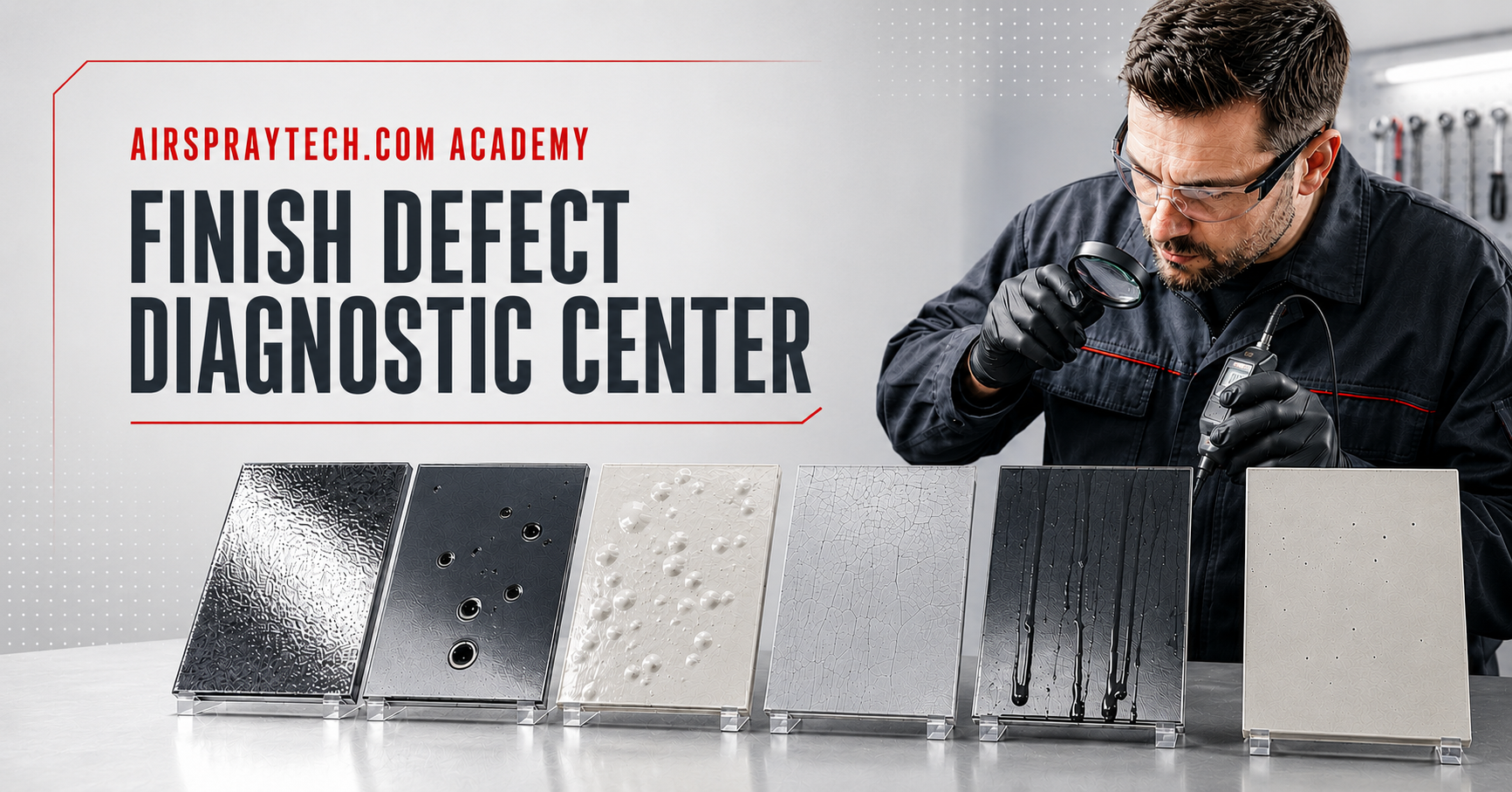 AirSprayTech.com Academy Finish Defect Diagnostic Center showing common paint and coating defects